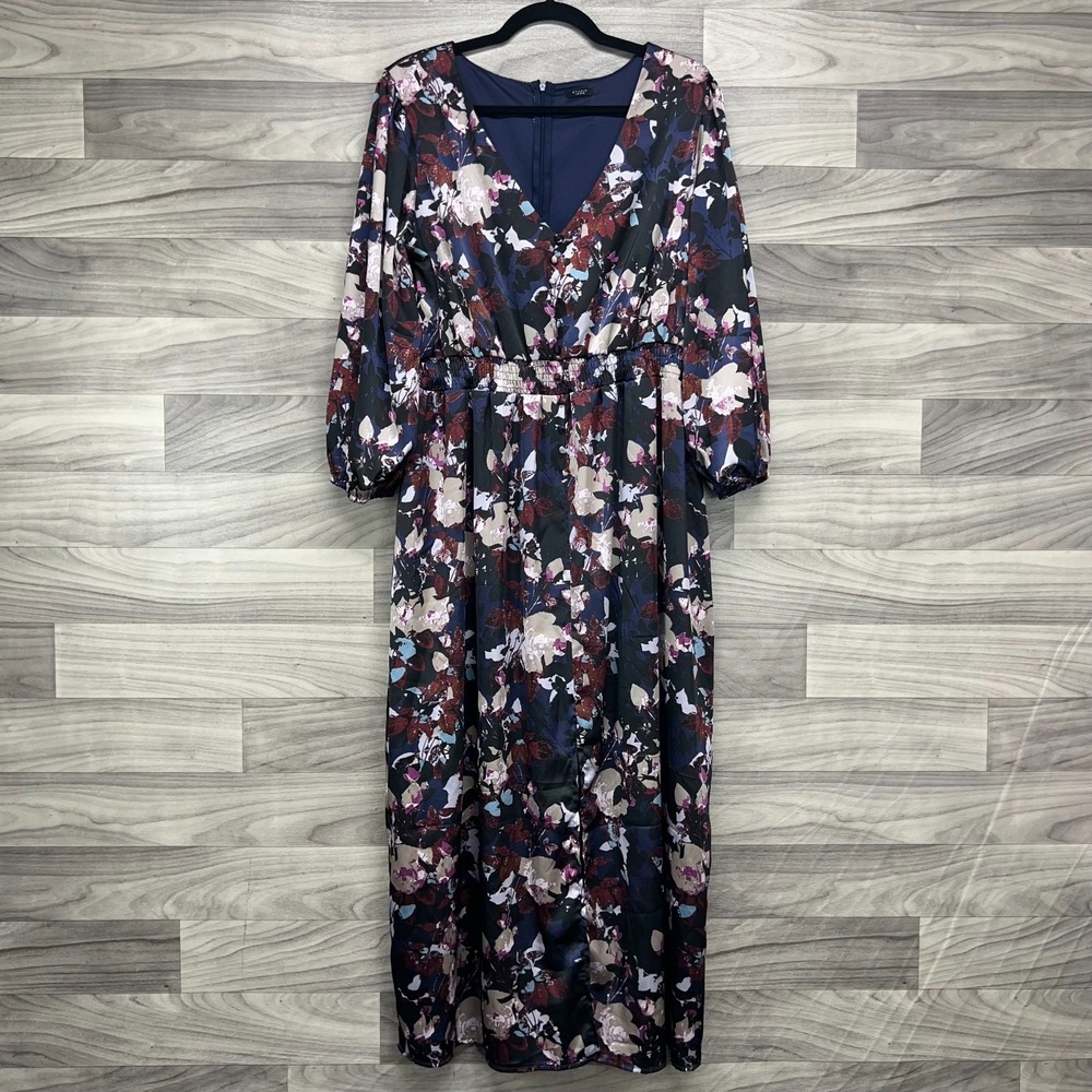 Studio 1886 Maxi Dress Women's XL (16) Blue White Floral Balloon Sleeve Back Zip